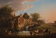 Henri van Assche Landscape with waterfall and farm oil painting artist